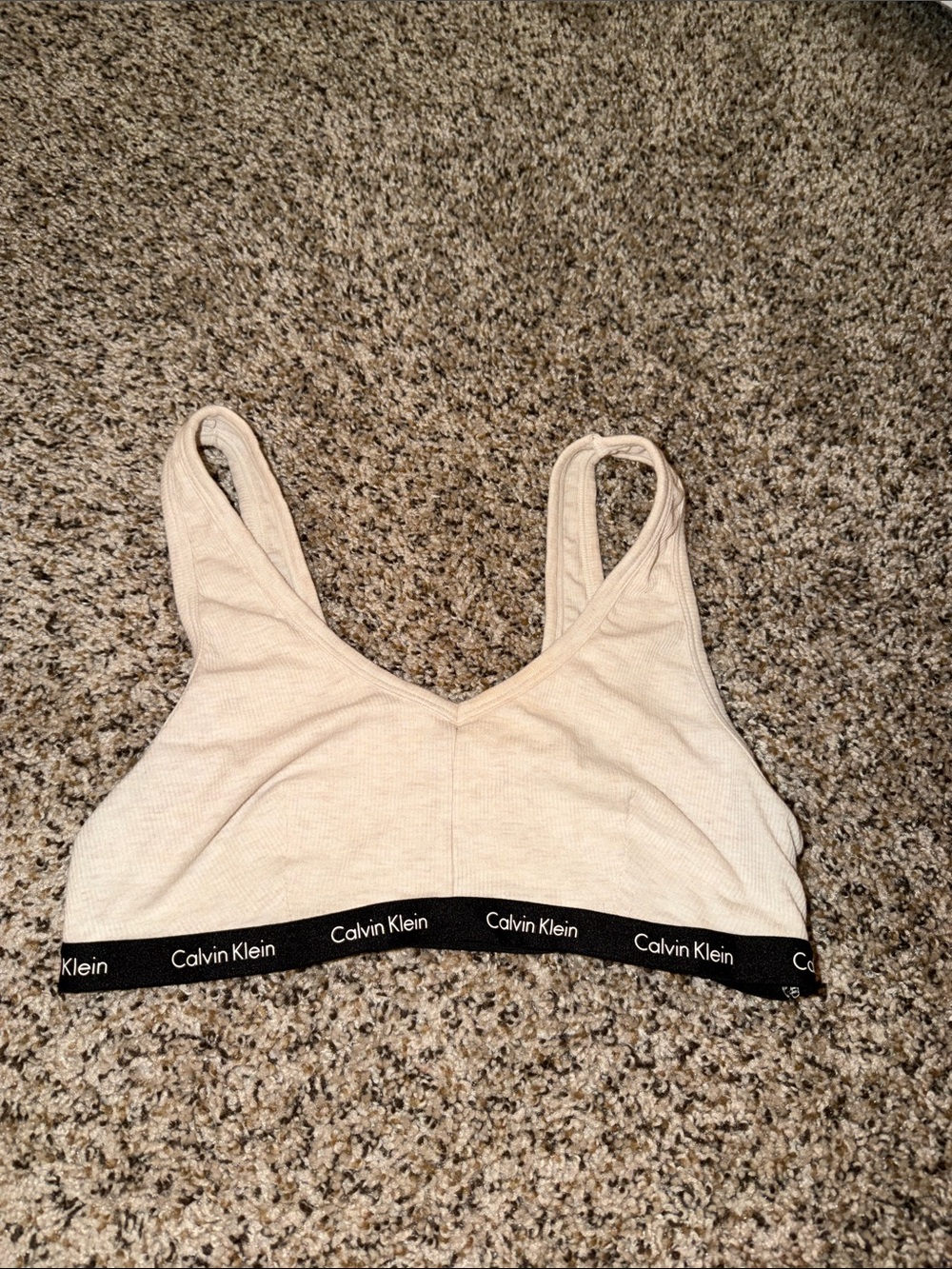 Calvin Klein Cream Ribbed Comfort Bralette with Black Logo Band